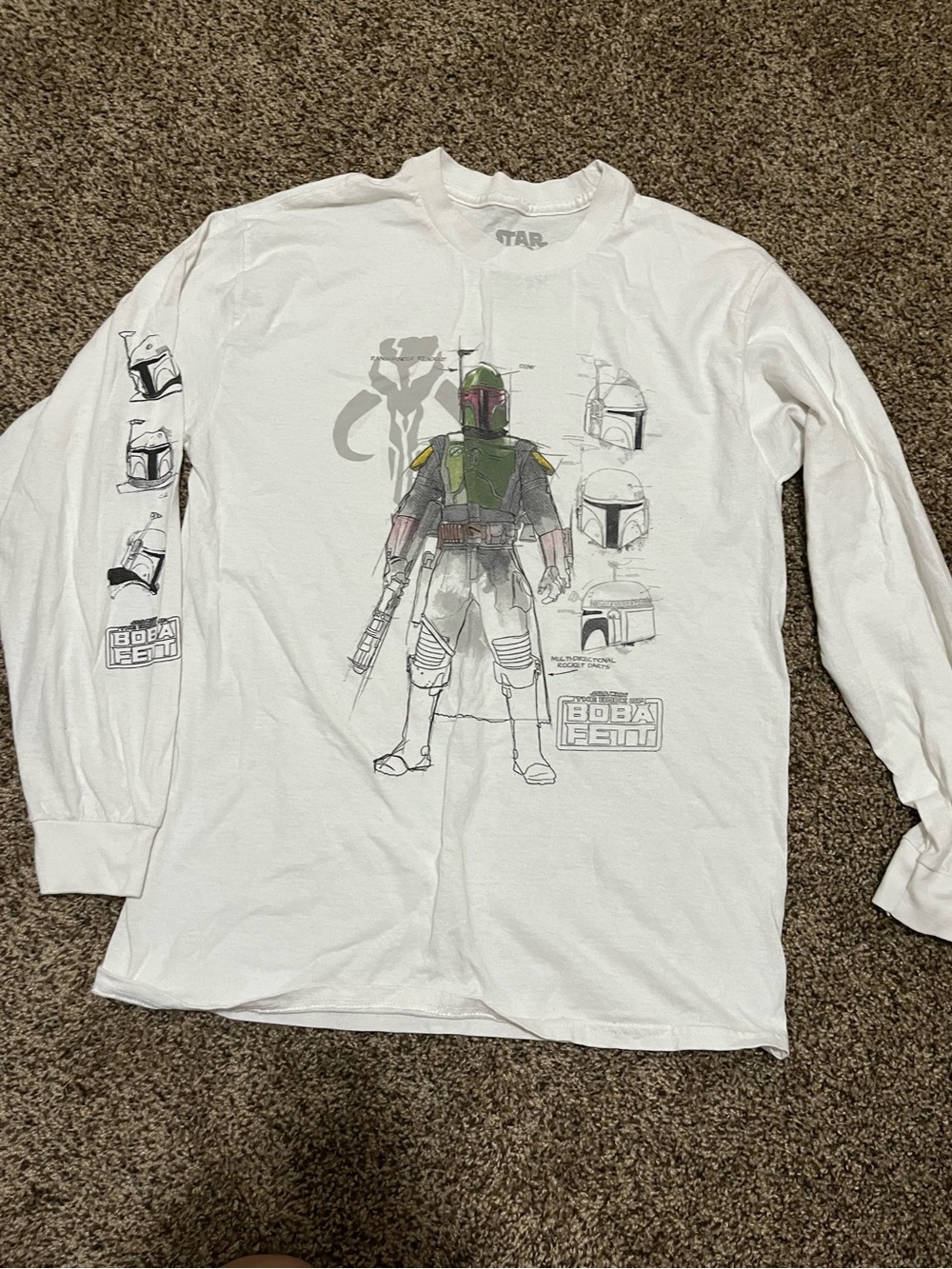 Star Wars Boba Fett White Long Sleeve Sketch Graphic Tee